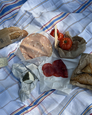 Picnic of bread, charcuterie and tomatoes on a striped cloth in Parc Georges-Brassens, Touriste Digest in Paris