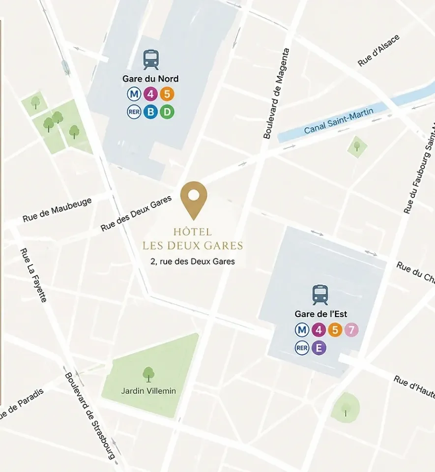 Plan de quartier situant l'Hôtel Les Deux Gares au 2 rue des Deux Gares, entre la Gare du Nord et la Gare de l'Est, avec les lignes de métro et RER, le canal Saint-Martin et le jardin Villemin
