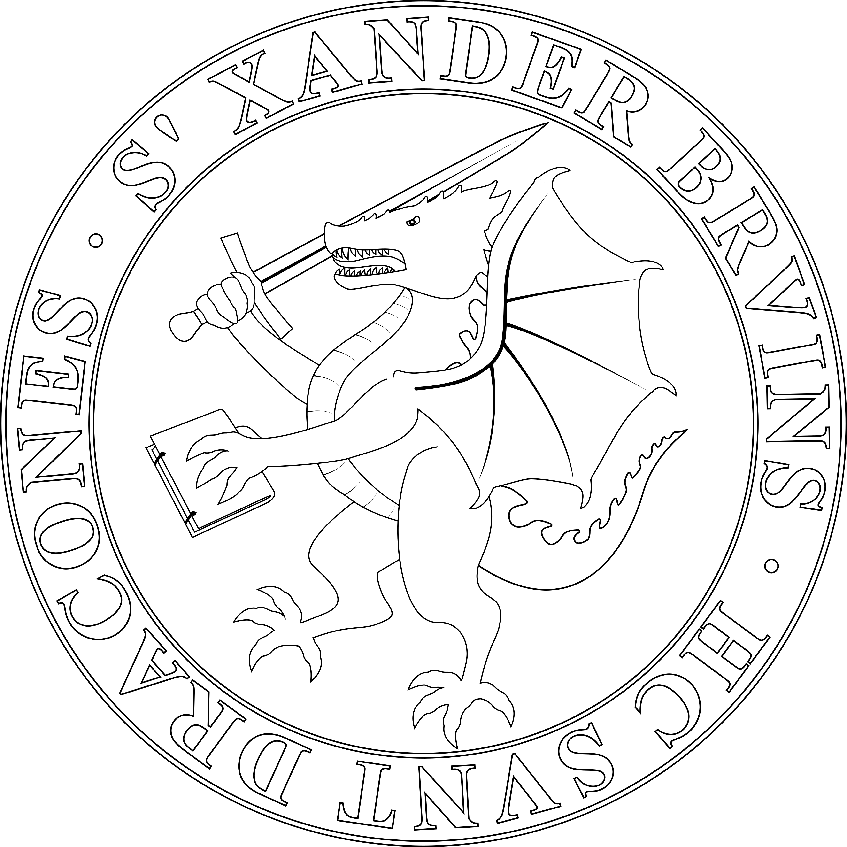 Black and white circular emblem with a dragon holding a sword and book in center.