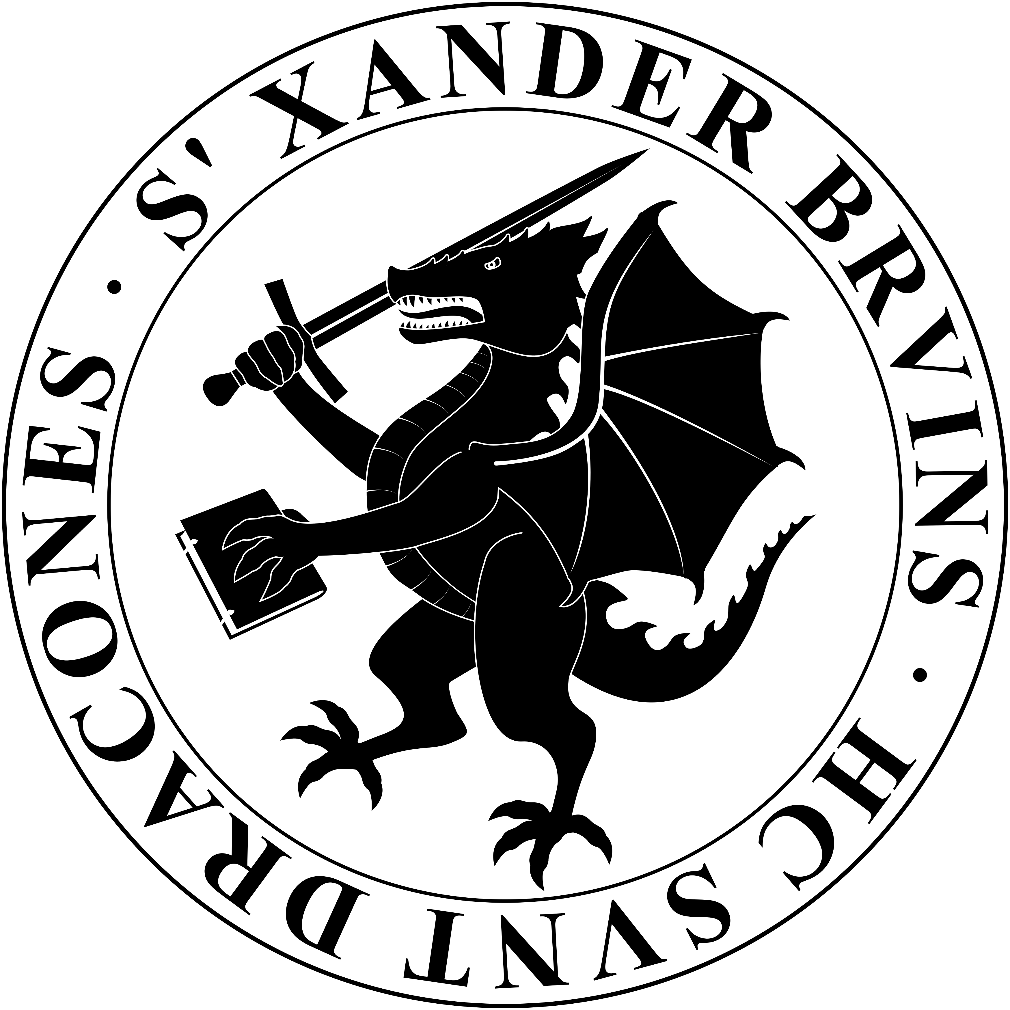 Seal with a dragon holding a sword and book inside a circle with Latin text around the edge.