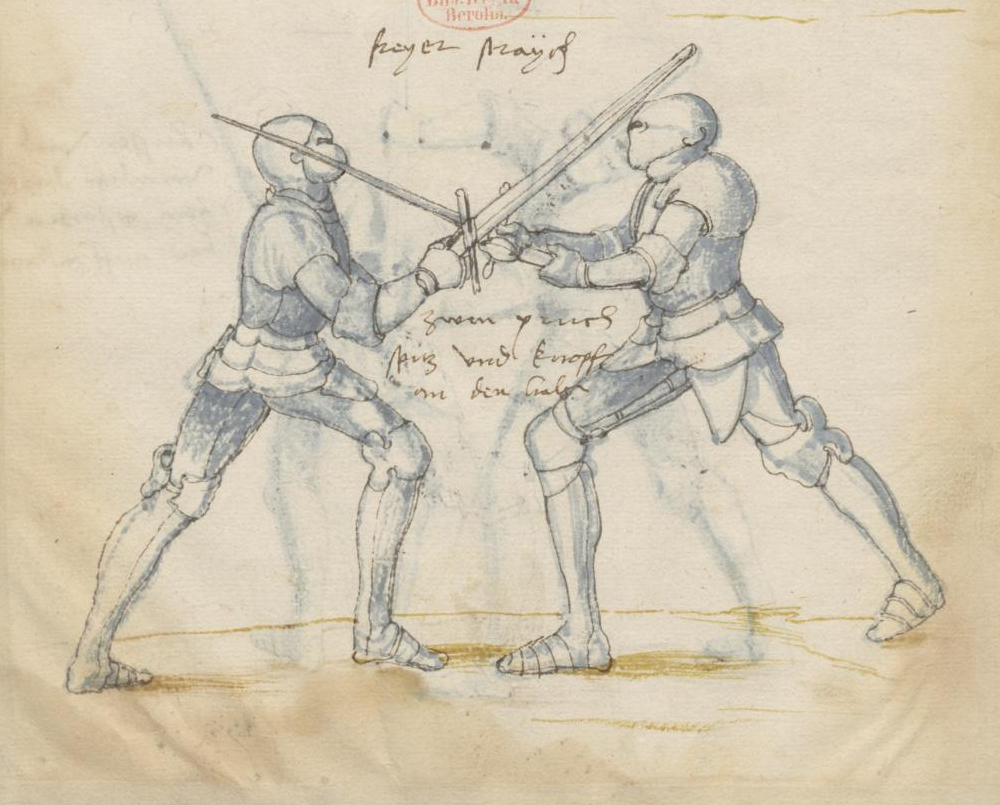 Drawing of two medieval knights in armor engaged in sword fighting with crossed swords.