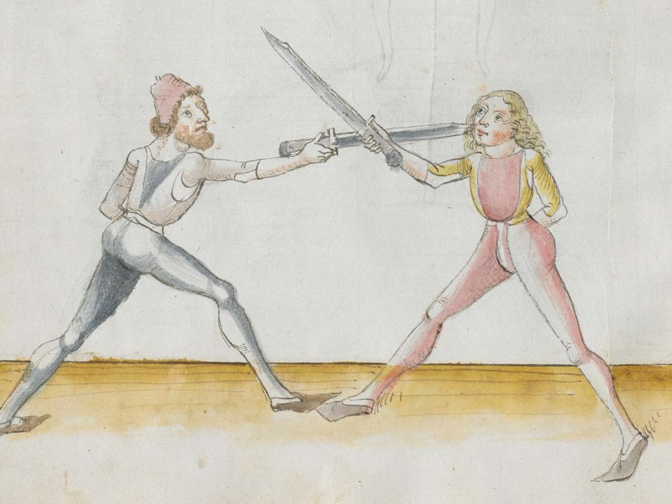 Oude tekening van twee mannen die duelleren met zwaarden.