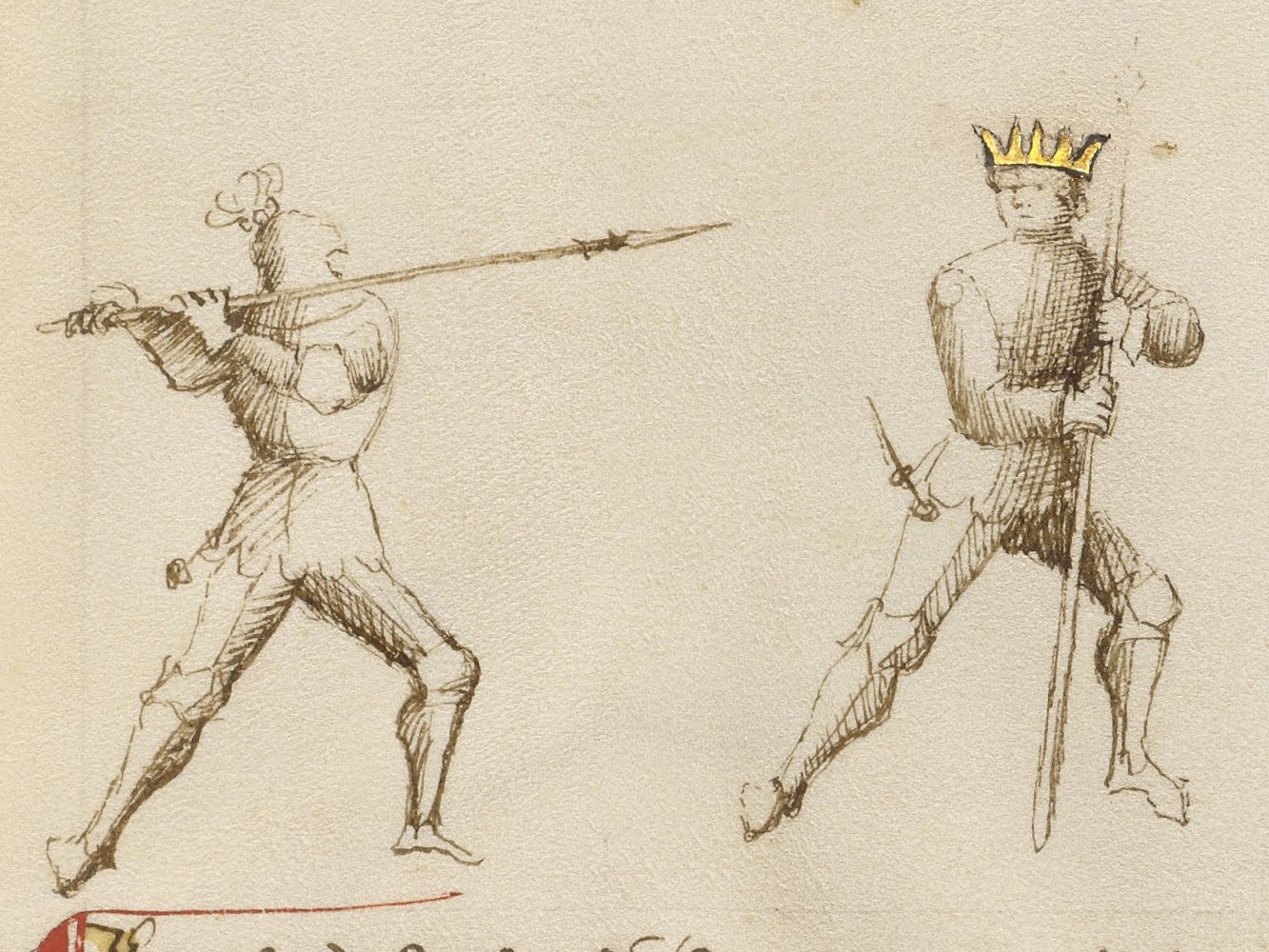 Oude tekening van twee mannen die duelleren met speren.