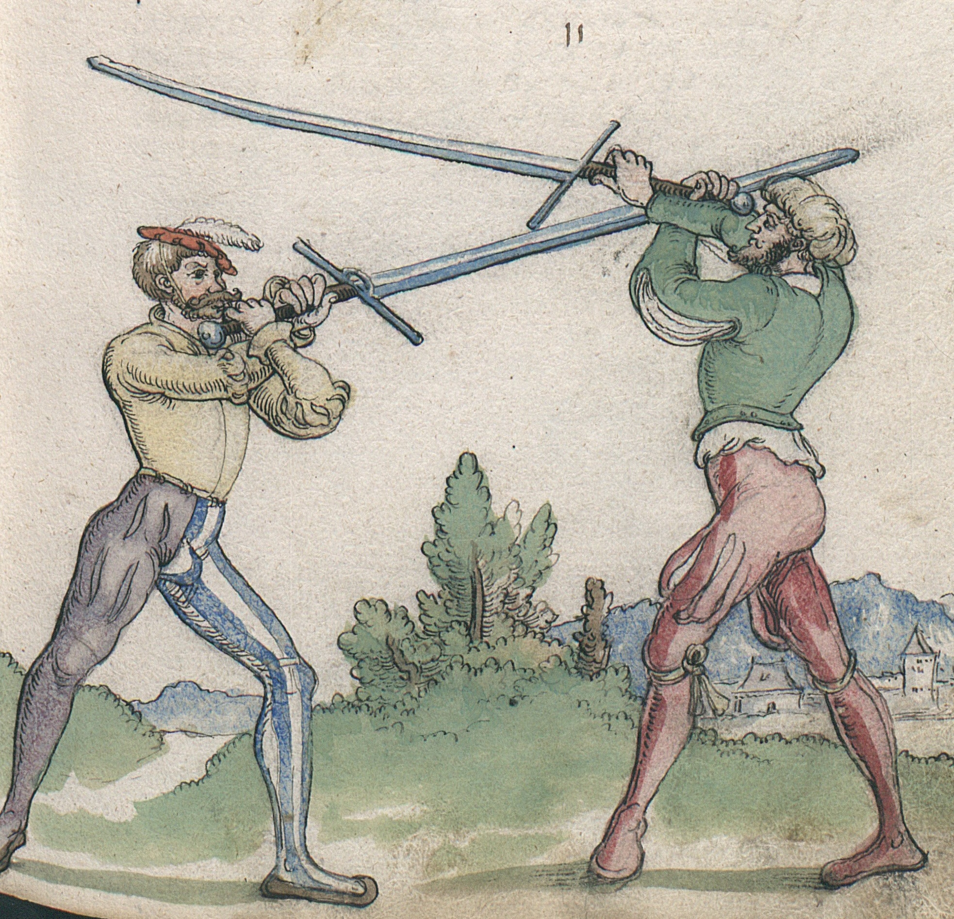 Oude tekening van twee mannen die duelleren met zwaarden bij en kasteel.