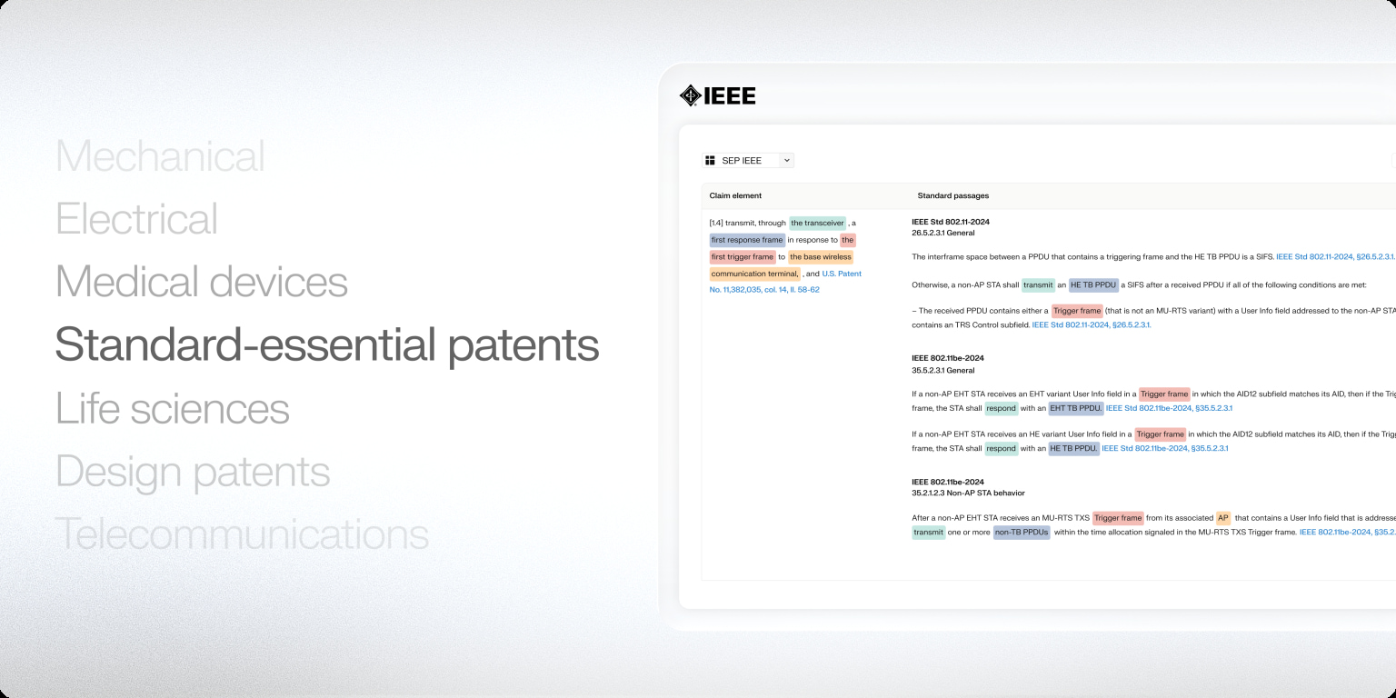 Solve Intelligence banner listing supported technology domains including mechanical, electrical, medical devices, standard-essential patents, life sciences, design patents, and telecommunications, alongside an IEEE SEP claim chart