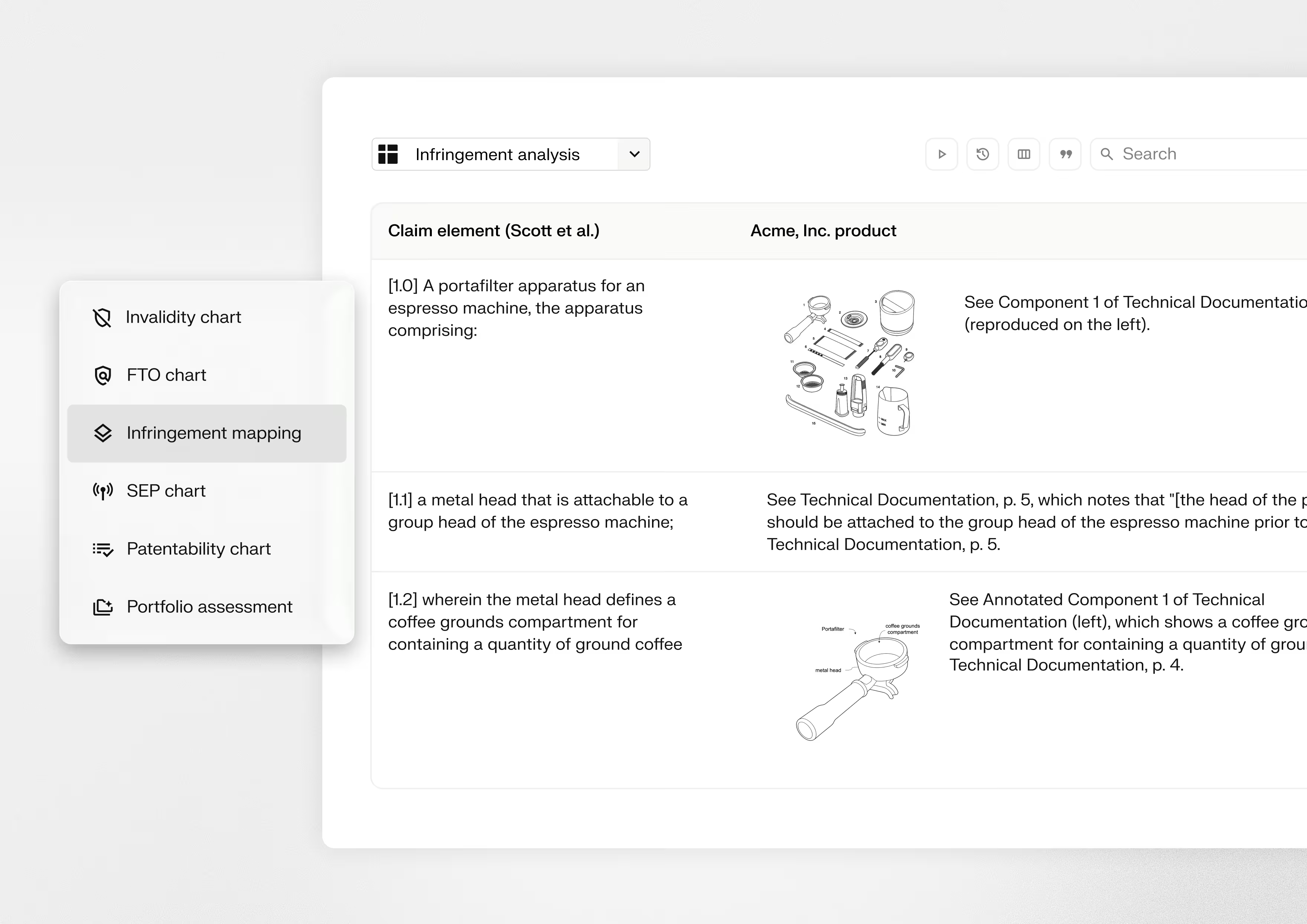 Solve Intelligence infringement analysis claim chart mapping claim elements against a competitor's espresso portafilter product, with supporting technical drawings