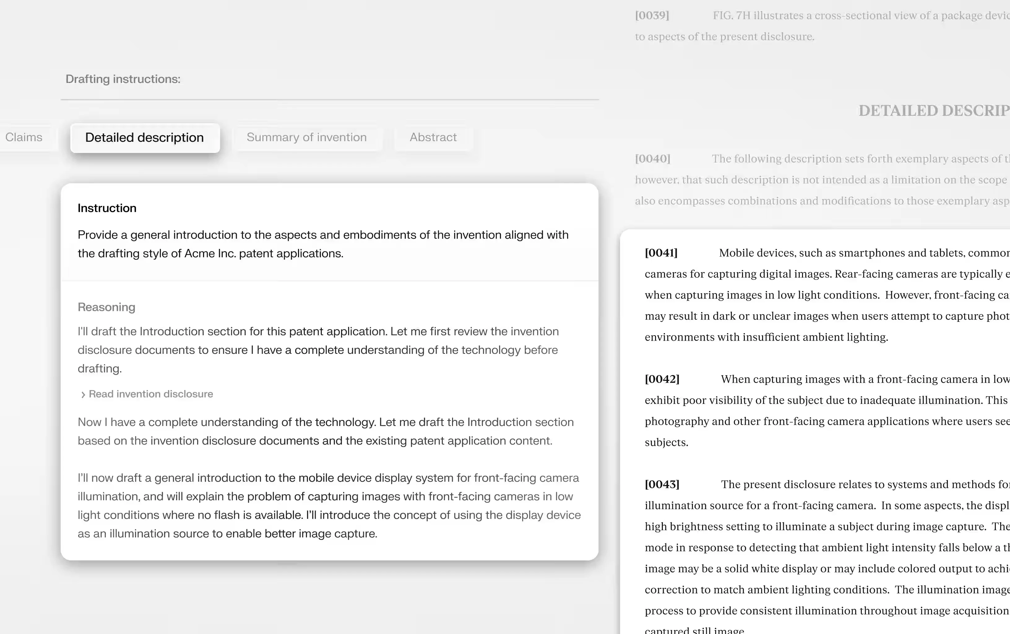 Solve Intelligence drafting instructions panel showing the AI's step-by-step reasoning while writing a patent specification's detailed description, alongside the generated numbered paragraphs and section tabs for claims, description, summary, and abstract