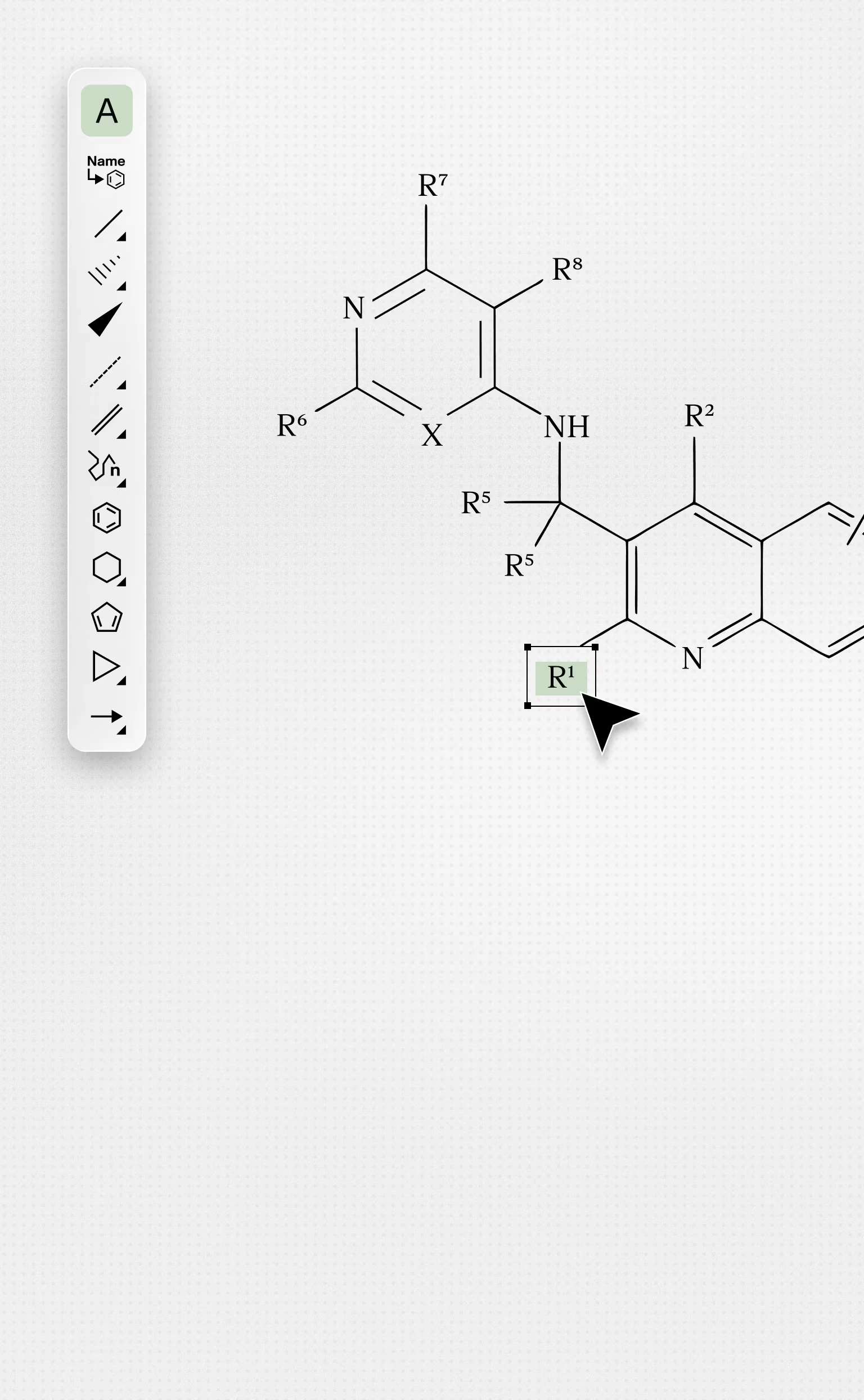 Solve Intelligence chemical structure editor showing a ChemDraw-style drawing toolbar and a Markush structure with an editable R-group substituent label selected