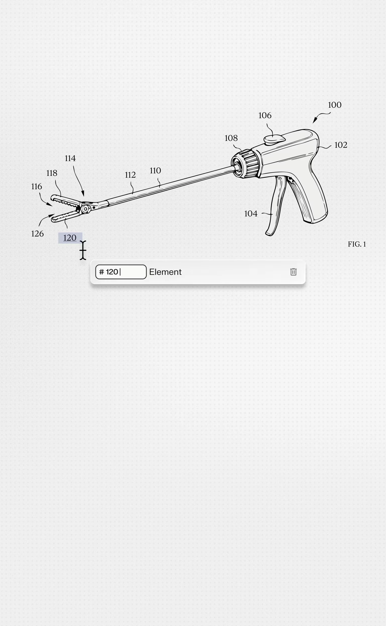 Solve Intelligence patent figure of a surgical grasping instrument with numbered reference numerals, showing an empty editable label field for naming the selected part