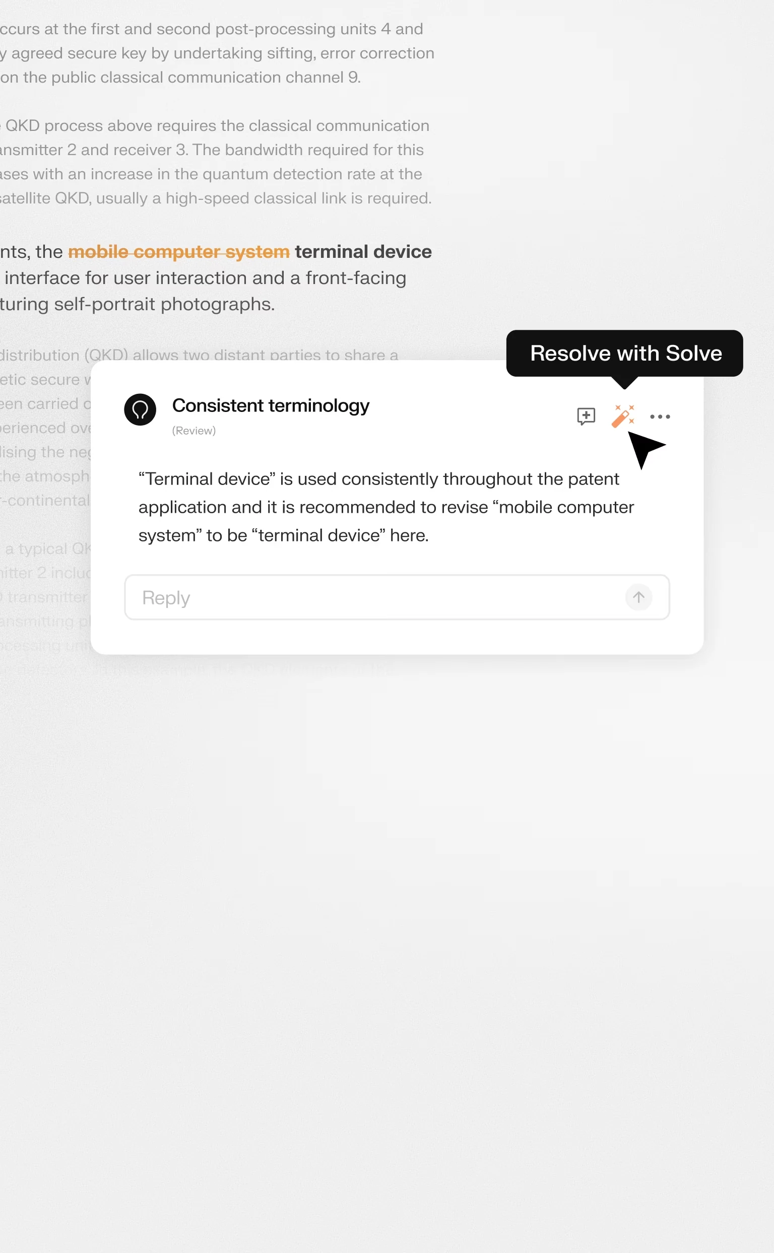 Solve Intelligence patent review flagging an inconsistent term in a draft application, with a suggested fix and reply box to resolve the comment