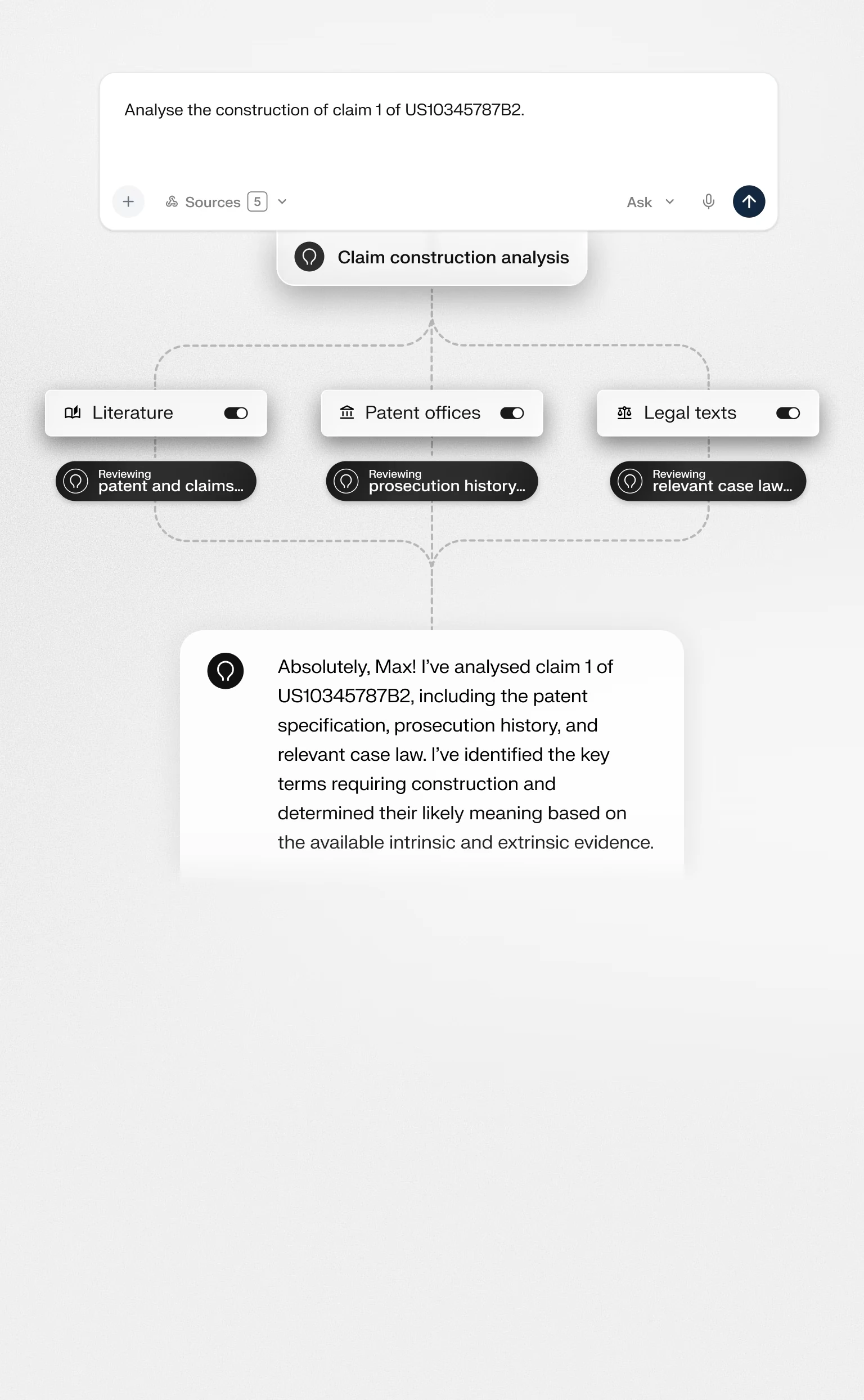 Solve Intelligence AI agent analysing claim construction for a patent claim, reviewing literature, patent offices, and legal texts before returning a summary of key terms and their likely meaning