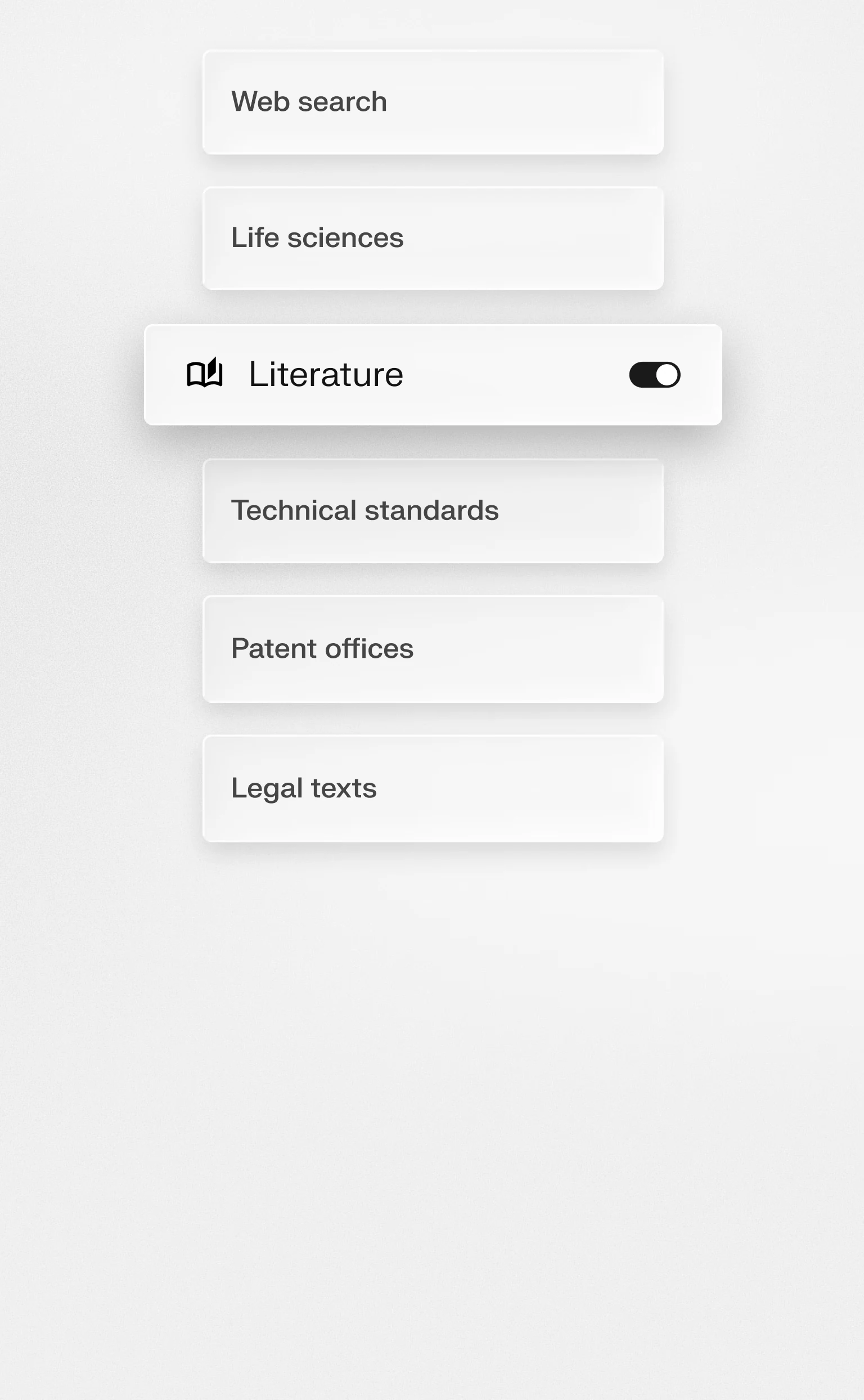 Solve Intelligence source category list including web search, life sciences, literature, technical standards, patent offices, and legal texts, with literature toggled on