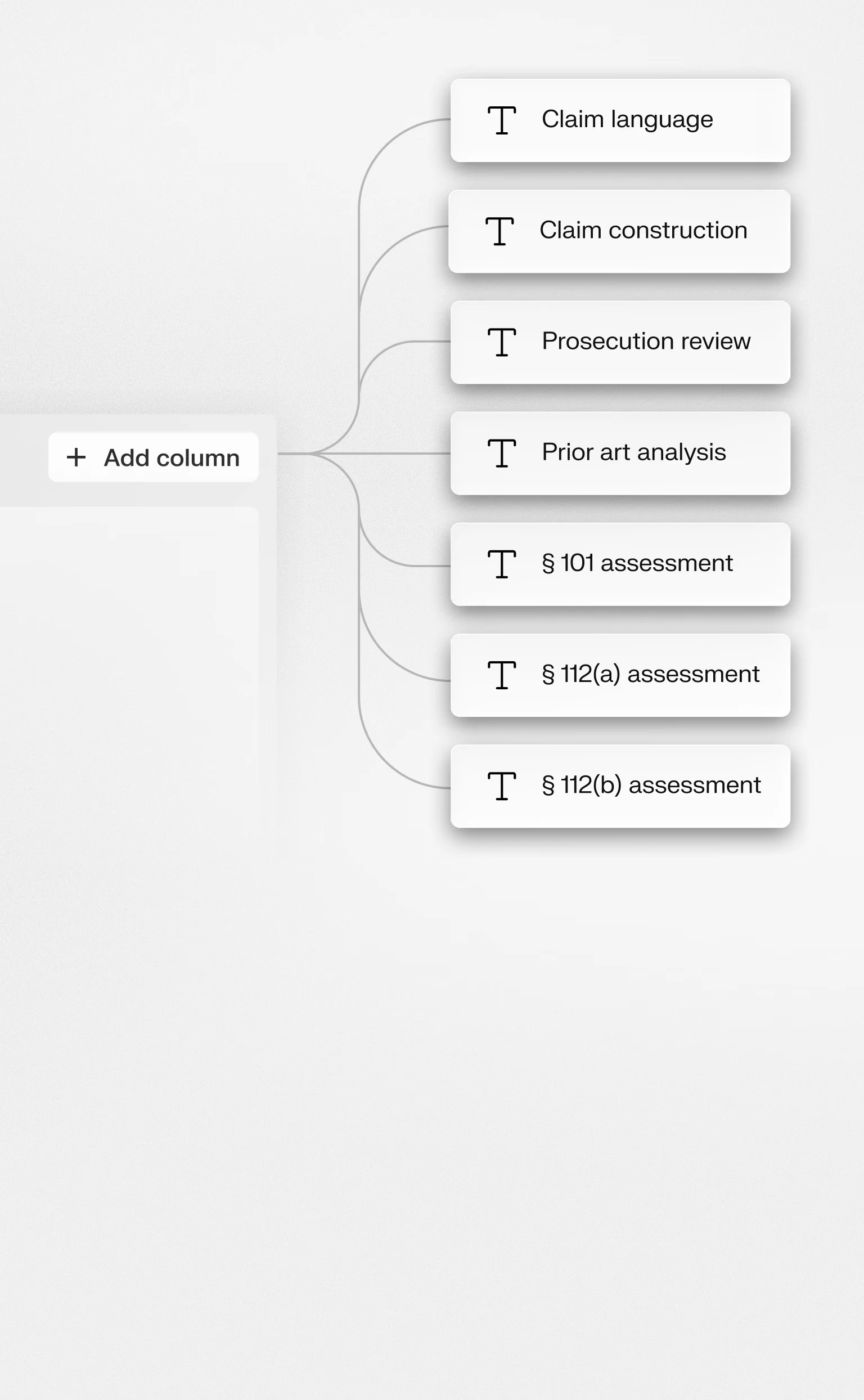 Solve Intelligence add column menu for a claim chart, listing template columns including claim language, claim construction, prosecution review, prior art analysis, and §101 and §112 assessments