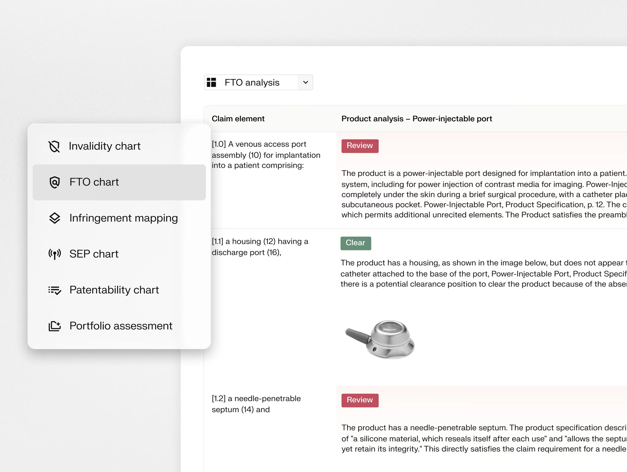 Solve Intelligence FTO analysis chart mapping patent claim elements against a competitor product, with product images and Review or Clear status tags for each claim element