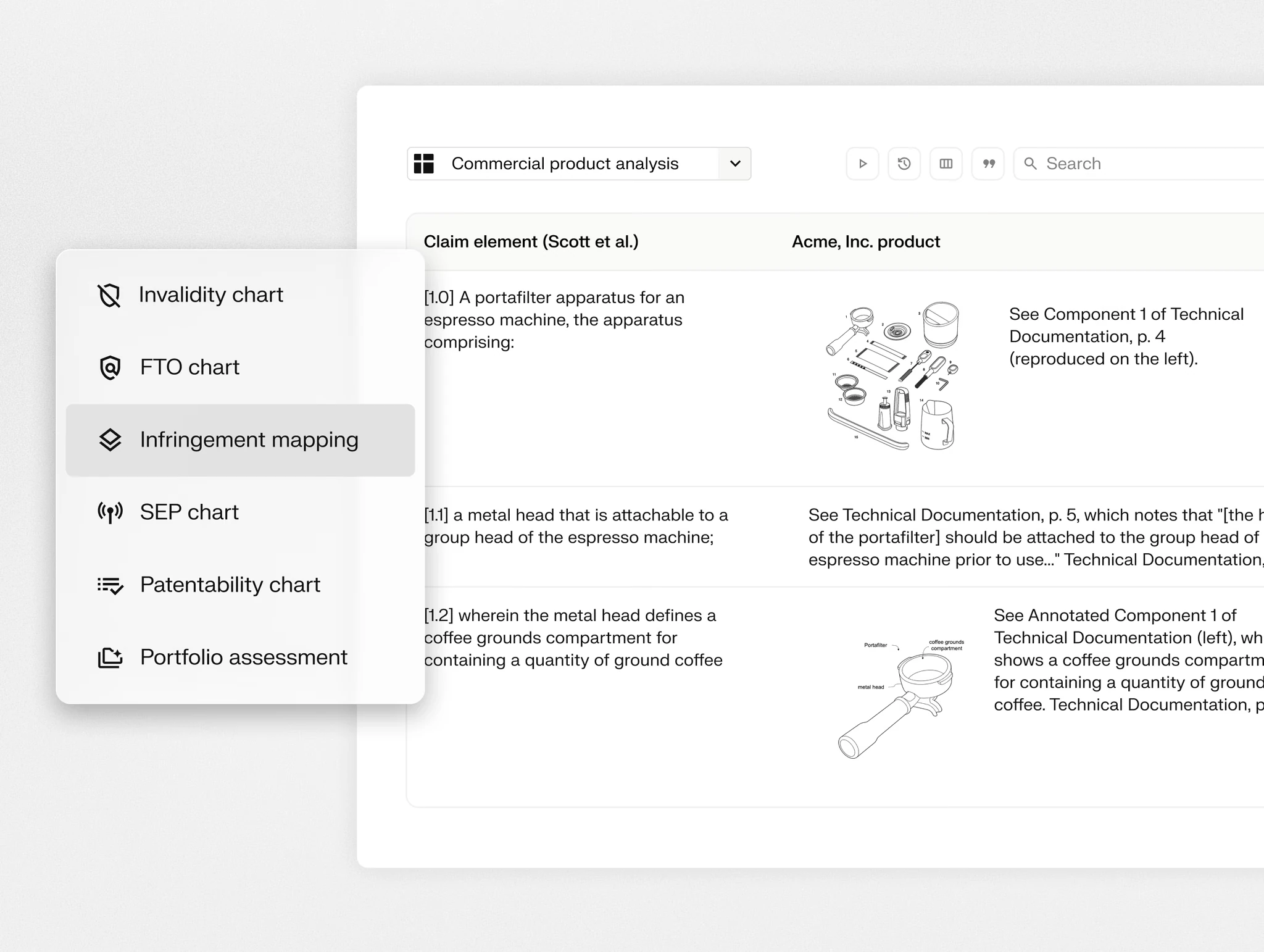 Solve Intelligence infringement mapping chart comparing patent claim elements against a competitor's product, with technical documentation excerpts and component illustrations