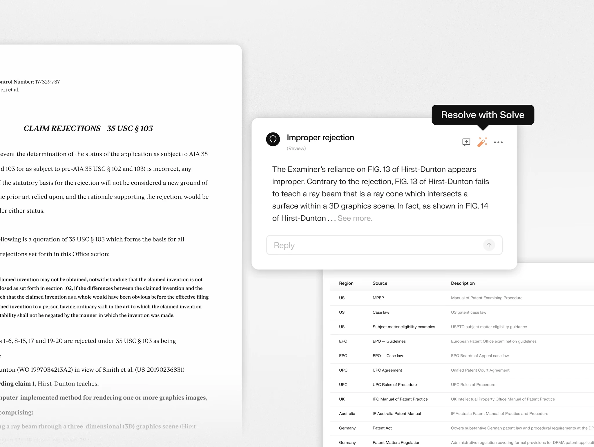 Solve Intelligence office action annotation flagging an improper rejection with a detailed rebuttal referencing the cited reference's figures, alongside a table of patent office rules by region