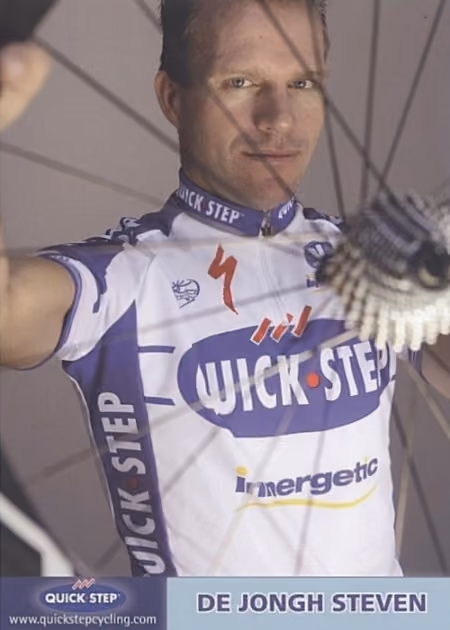 Cyclist Steven De Jongh in a Quick Step jersey holding a bicycle wheel in front of him.
