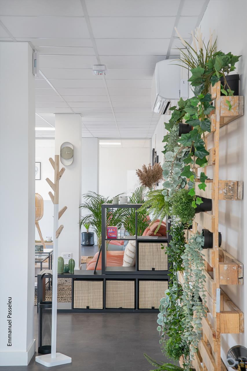 Aménagement d'un plateau de bureaux, mur de palettes végétalisé, par Imagine Conception