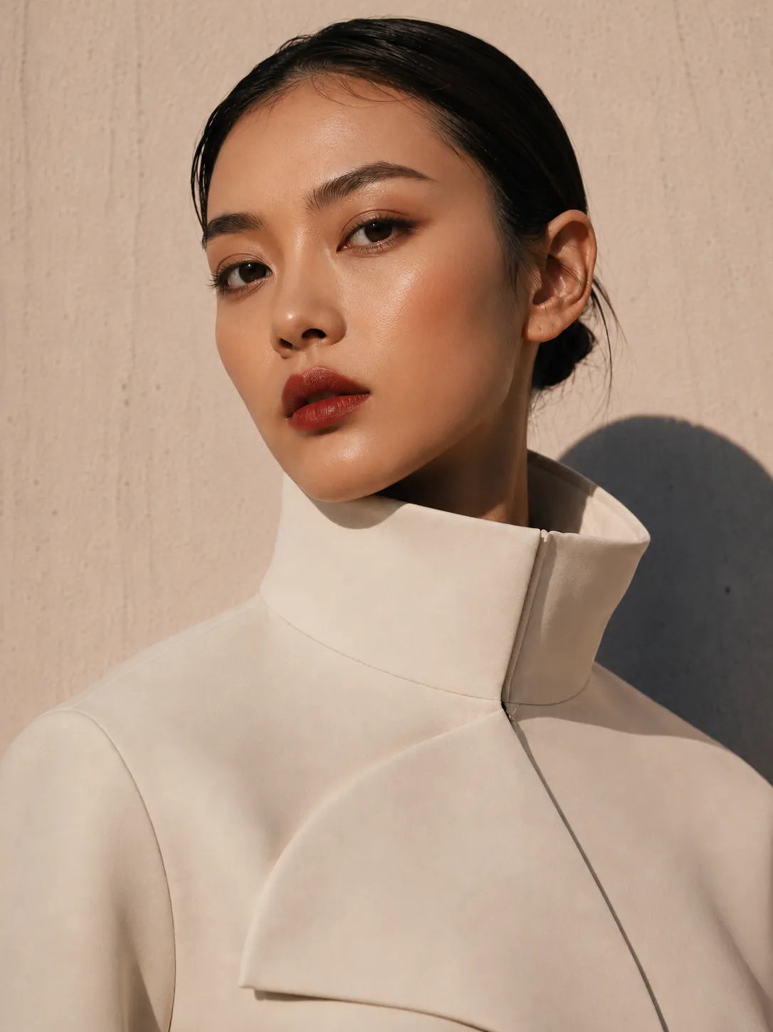Close-up of a woman with slicked-back hair wearing a high-collar beige outfit against a plain wall.