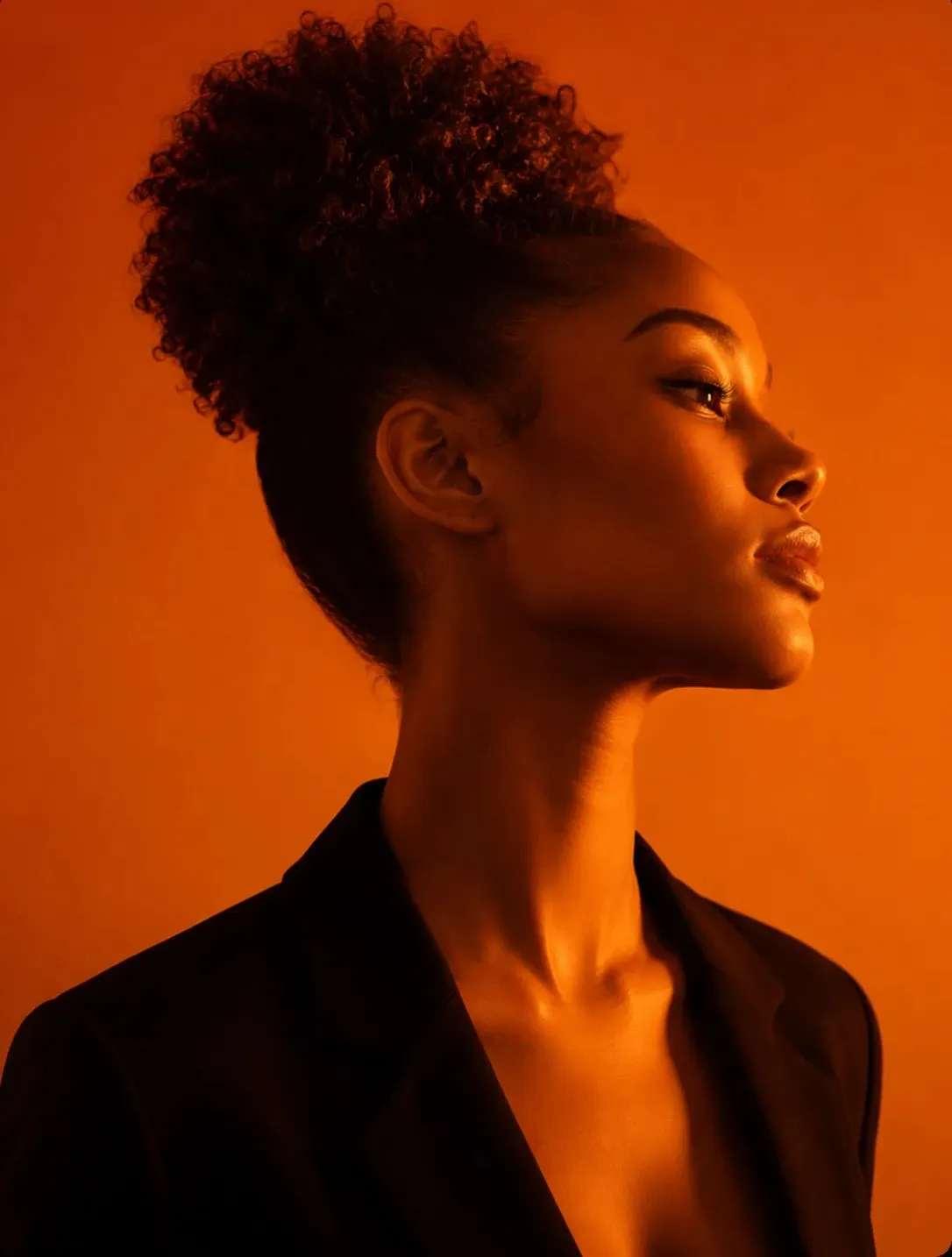 Portrait of a woman with curly hair in a bun wearing a black blazer against an orange background.