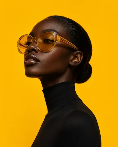 Profile of a woman with dark skin wearing amber-tinted round sunglasses and a black turtleneck.