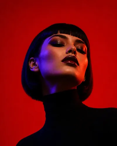 Woman with short black hair and dark makeup lit with blue and red lights on red background.