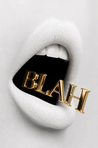 Close-up of white lips and teeth with gold 3D letters spelling BLAH inside the mouth.