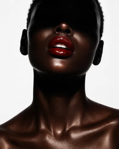 Close-up of a dark-skinned woman with glossy red lips and shadow covering her eyes and forehead.