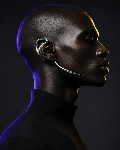 Profile of a man with smooth dark skin wearing a sleek curved silver ear cuff and black turtleneck.