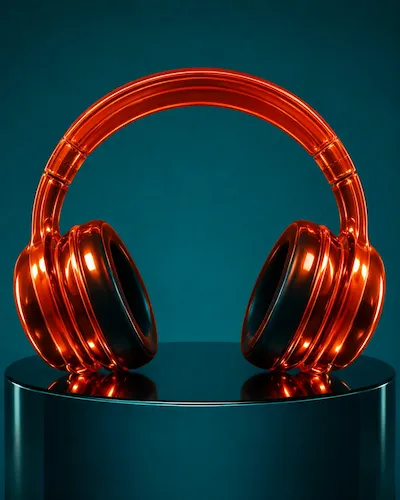 Shiny metallic orange over-ear headphones on a dark reflective cylindrical stand.