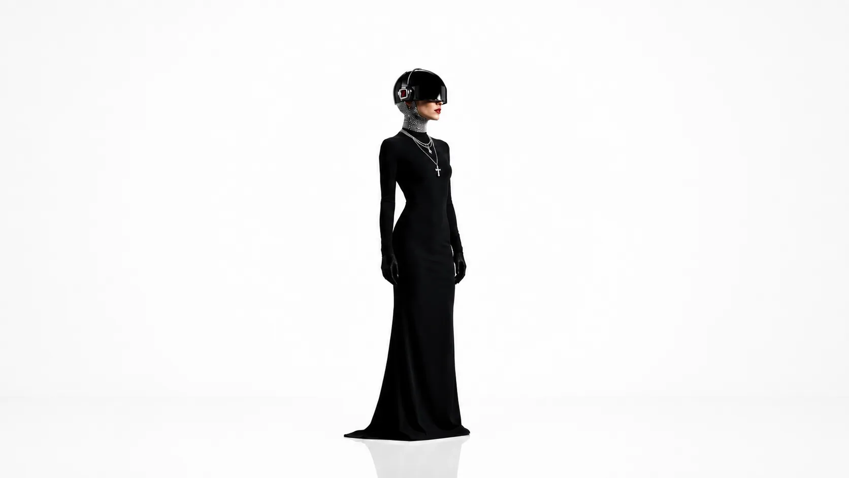 Woman in long black gown with gloves, chains, and futuristic black helmet on white background.
