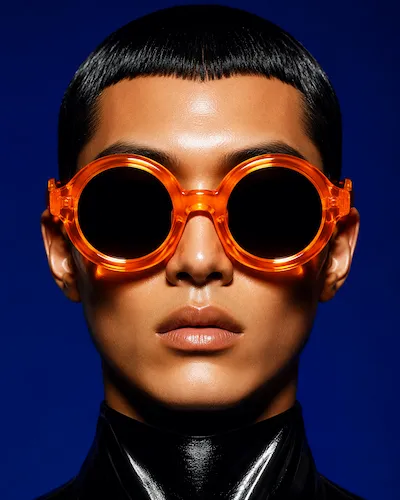 Person with sleek black hair wearing large round orange sunglasses and a high black collar against blue background.