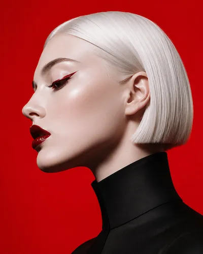 Profile of a woman with platinum blonde bob, red winged eyeliner, dark red lips, and black high collar.