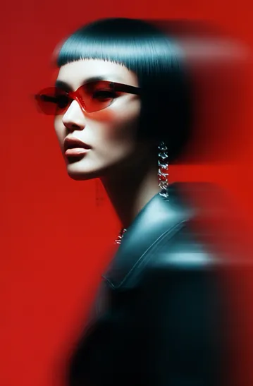 Woman with short black hair wearing red glasses and a dark jacket against a red background with motion blur effect.