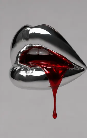 Shiny silver lips slightly open with red liquid dripping from the lower lip.