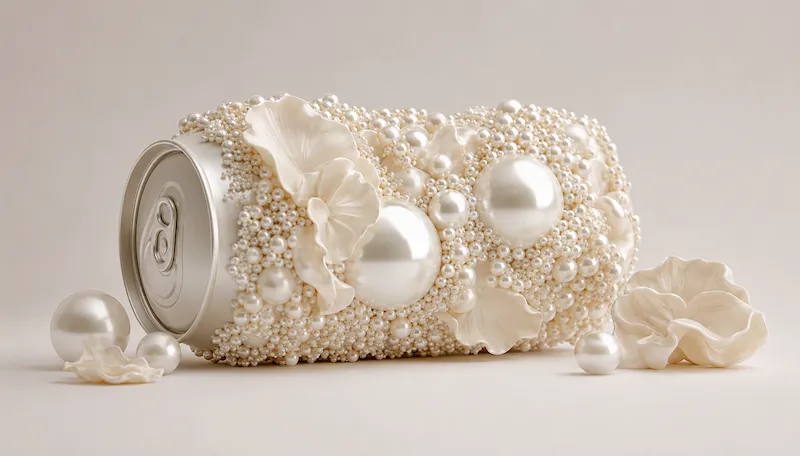 Silver can decorated with various sizes of glossy white pearls and pearl-like flower petals.