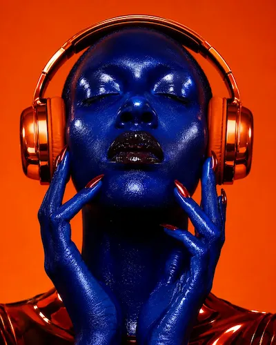 Person with blue painted skin and red nails wearing orange headphones with eyes closed against orange background.