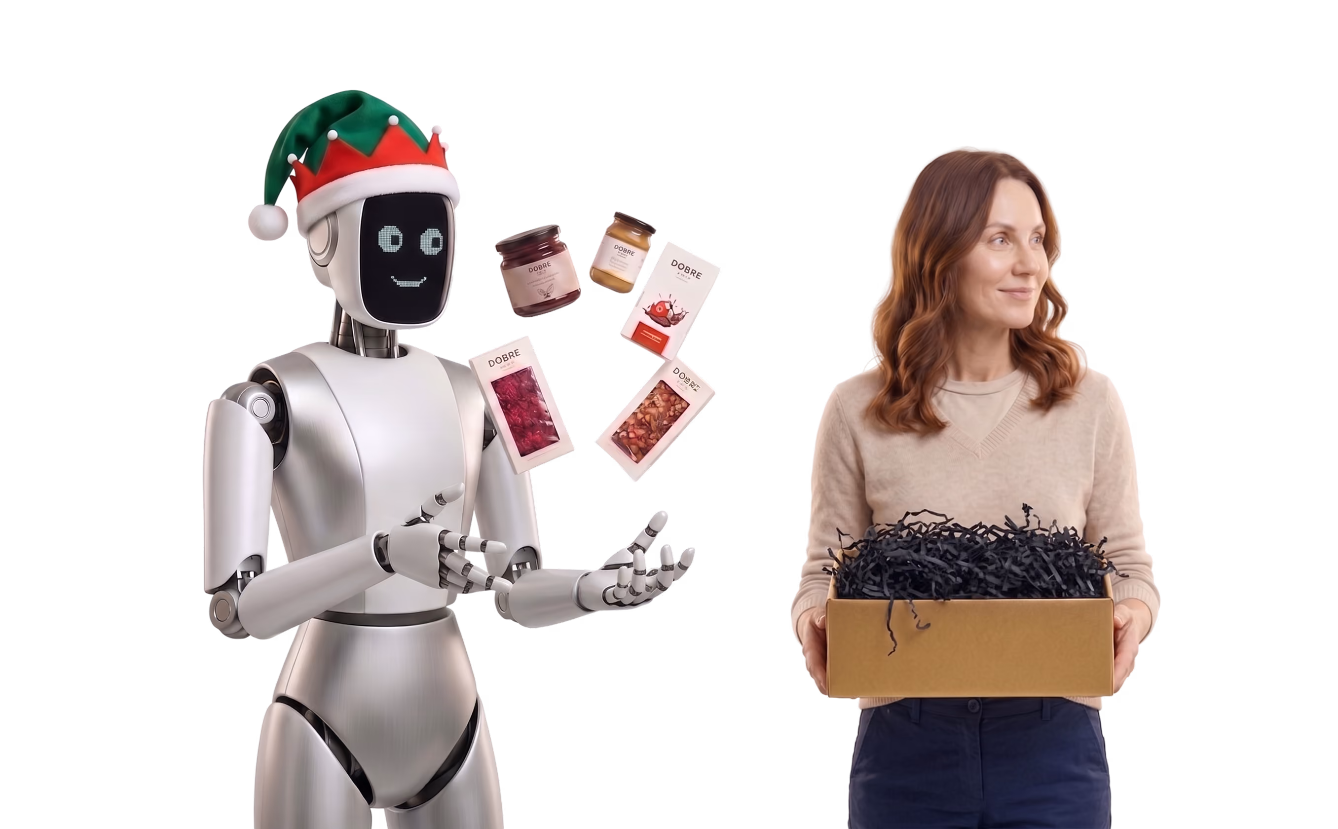 Robot in elf hat juggling jars and chocolate bars next to woman holding gift box with black filler.
