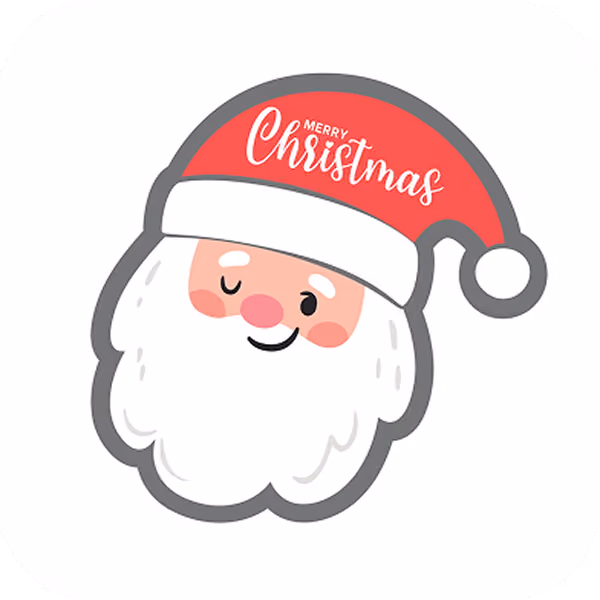 Uśmiechnięta, puszysta głowa Świętego Mikołaja z czerwonym kapeluszem i napisem Merry Christmas.
