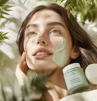 Woman with glowing skin and gel cream on cheek holding a skincare jar among green leaves.