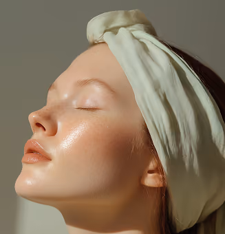 Close-up side profile of a woman with closed eyes and a white headband under soft light.
