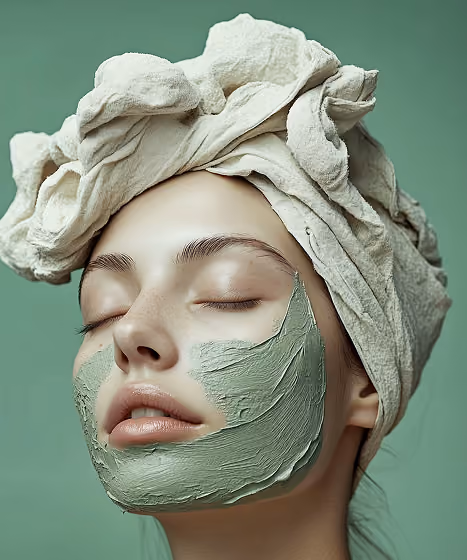 Woman with eyes closed wearing a textured head wrap and green clay face mask on cheeks and chin.