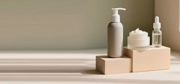 Three skincare containers on beige blocks: pump bottle, open jar with cream, and dropper bottle.