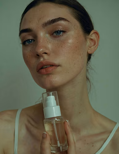 Woman with freckles holding a clear glass bottle with a white pump, posing against a green background.