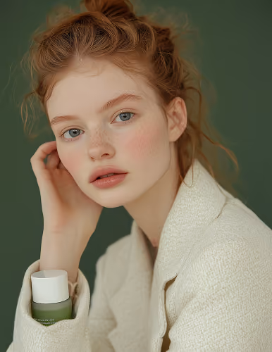 Young woman with red hair and clear skin wearing cream coat, holding a green skincare bottle.