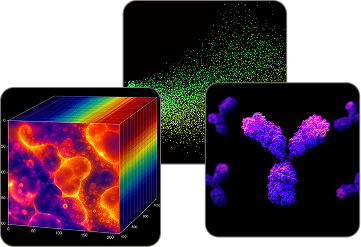 Three scientific images: colorful molecular structure, green scattered particles, and purple antibody models on black.