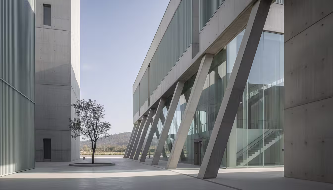 Modern building with large glass windows supported by angled concrete beams and a lone tree outside.