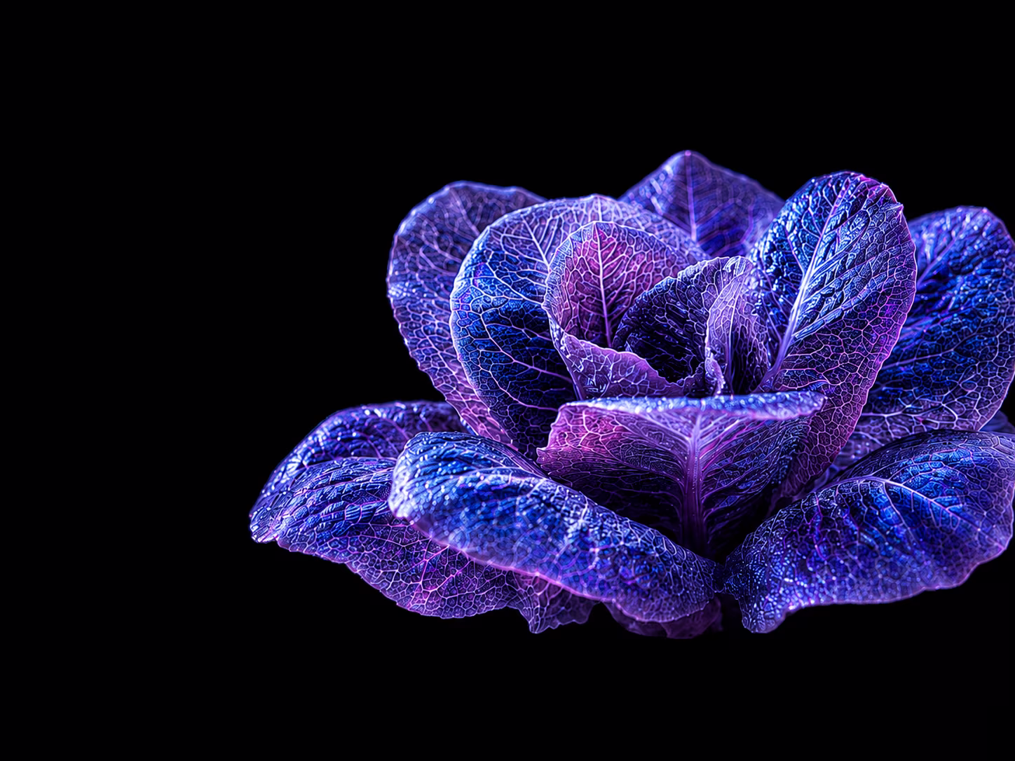 Close-up of purple and blue cabbage leaves with detailed veins on a black background.