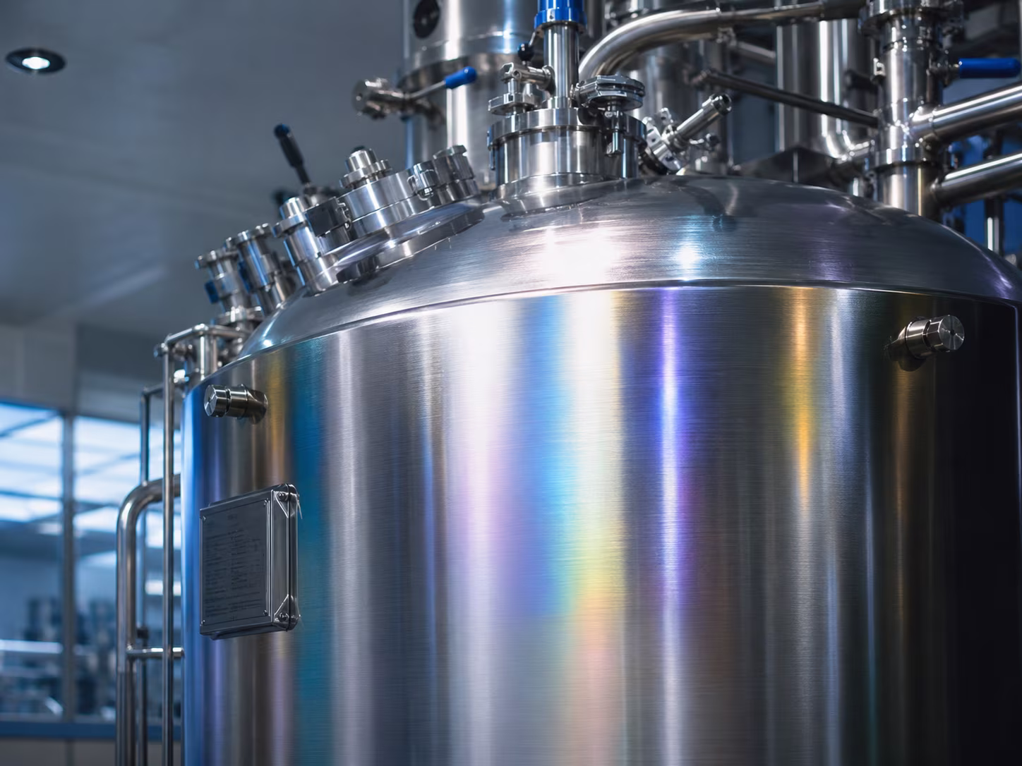Large stainless steel bioreactor tank with valves and pipes in a biomanufacturing facility.