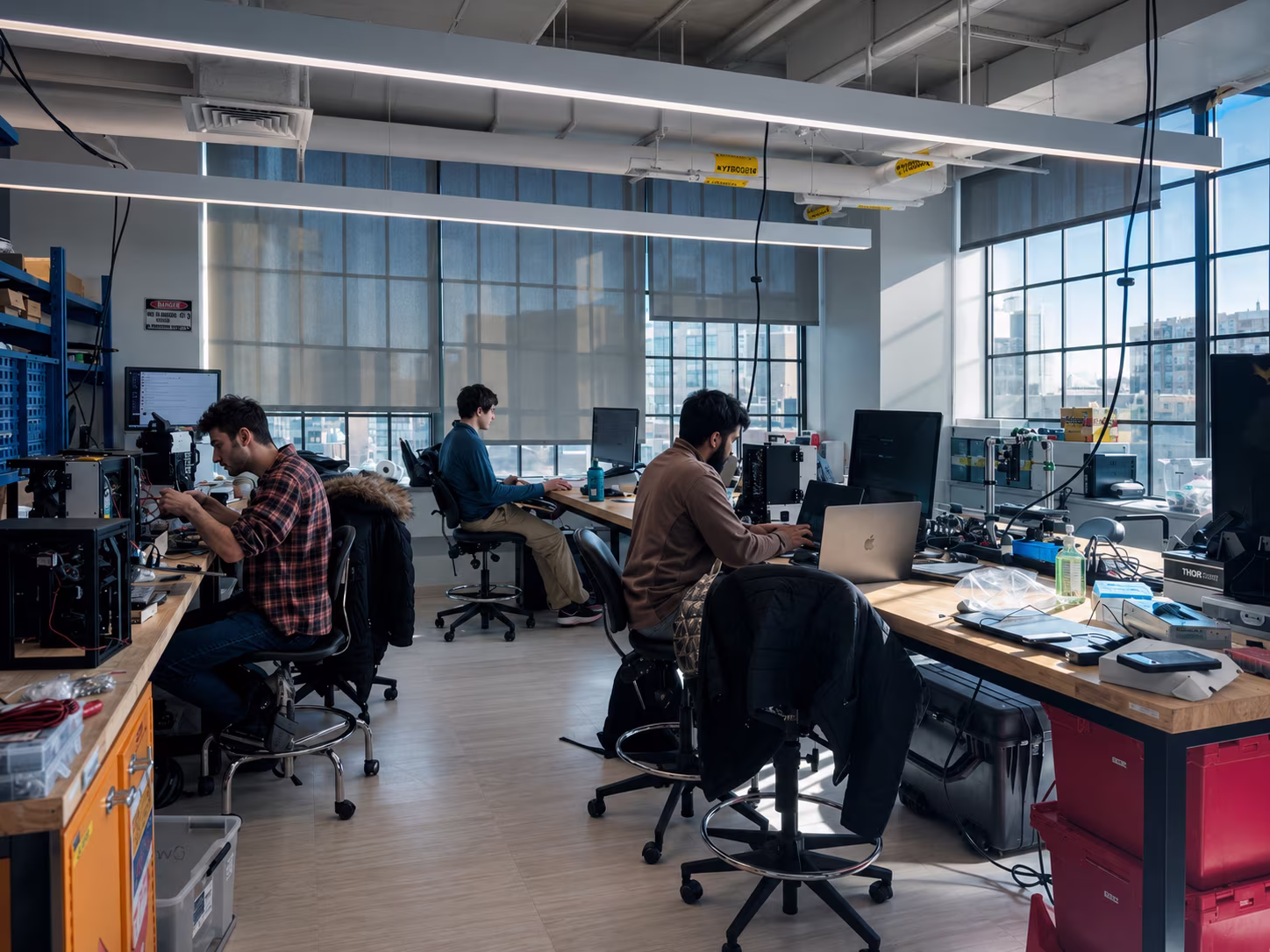 Three men working on computers and electronics in a bright, modern tech workshop with large windows.